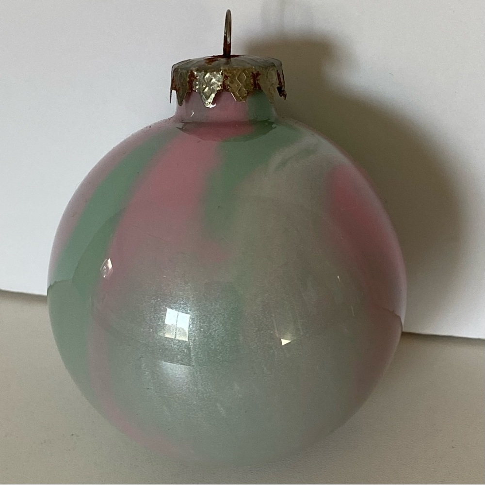 Vintage Christmas Ornament Glass Reverse Painted Pink Green Swirls 3" Pretty